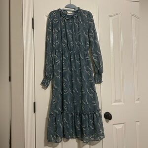 Rokoko Blue Leaf-Print Long Sleeve Maxi Dress – Size Small